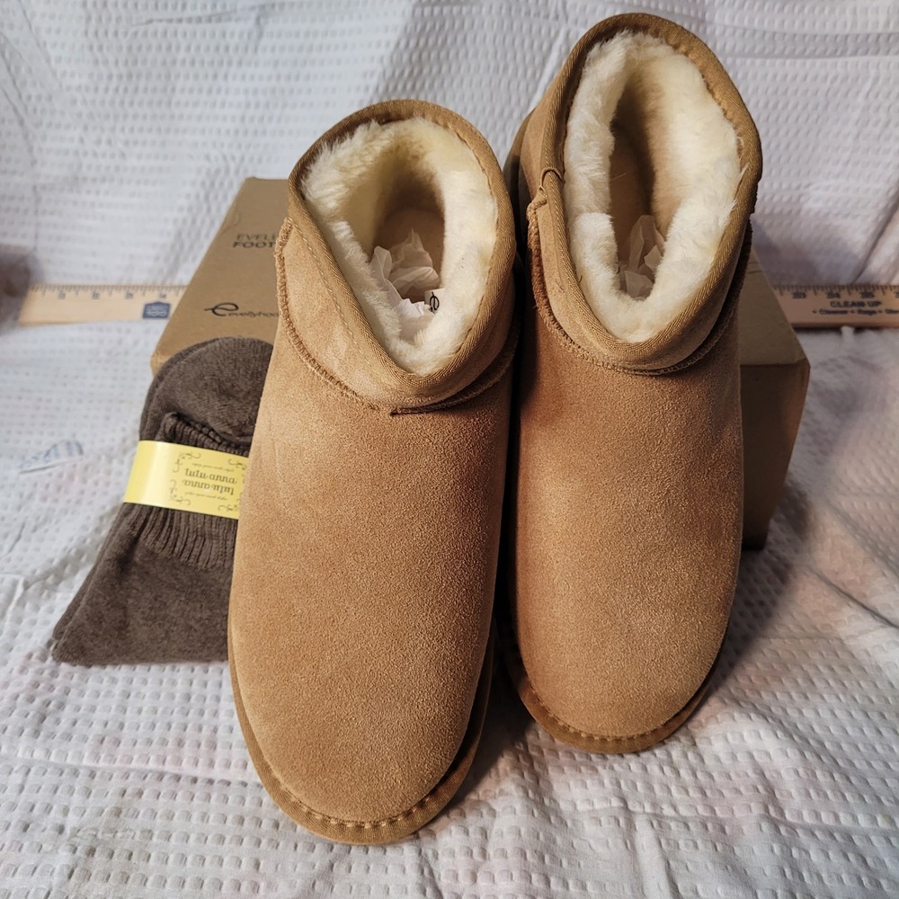 Evellyhootd Chestnut Suede Snow Boots Faux Fur Lined Ankle Booties 7111 Size 42‎
